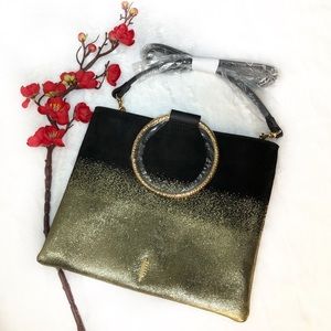 Thacker Pouch Convertible Crossbody Metal Ring Handles Gold Ombre Leather